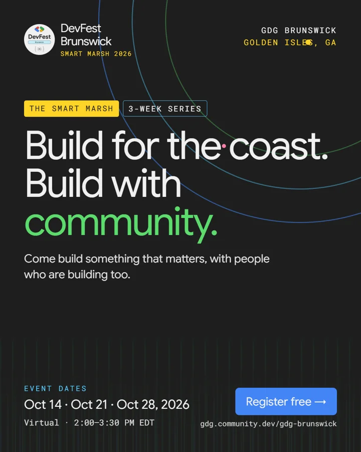 DevFest Brunswick 2026 key art reading Build for the coast. Build with community.