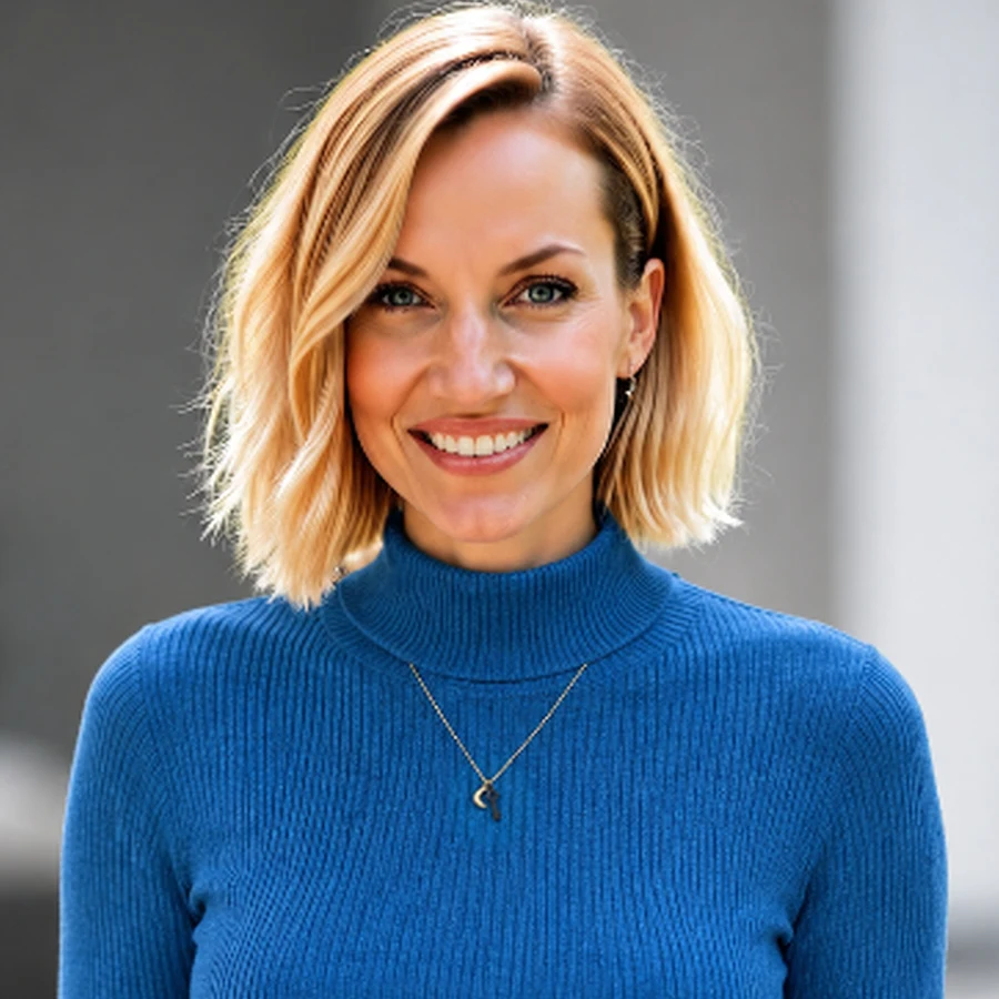 Naomi Latini Wolfe smiling, wearing a blue ribbed turtleneck and a necklace with a small crescent moon and key